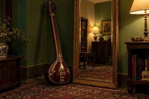 A tanpura leaning against a green wall beside a gilt mirror in lamp light