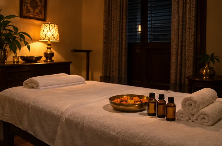 A calm massage room with white towels, oil bottles and marigold petals